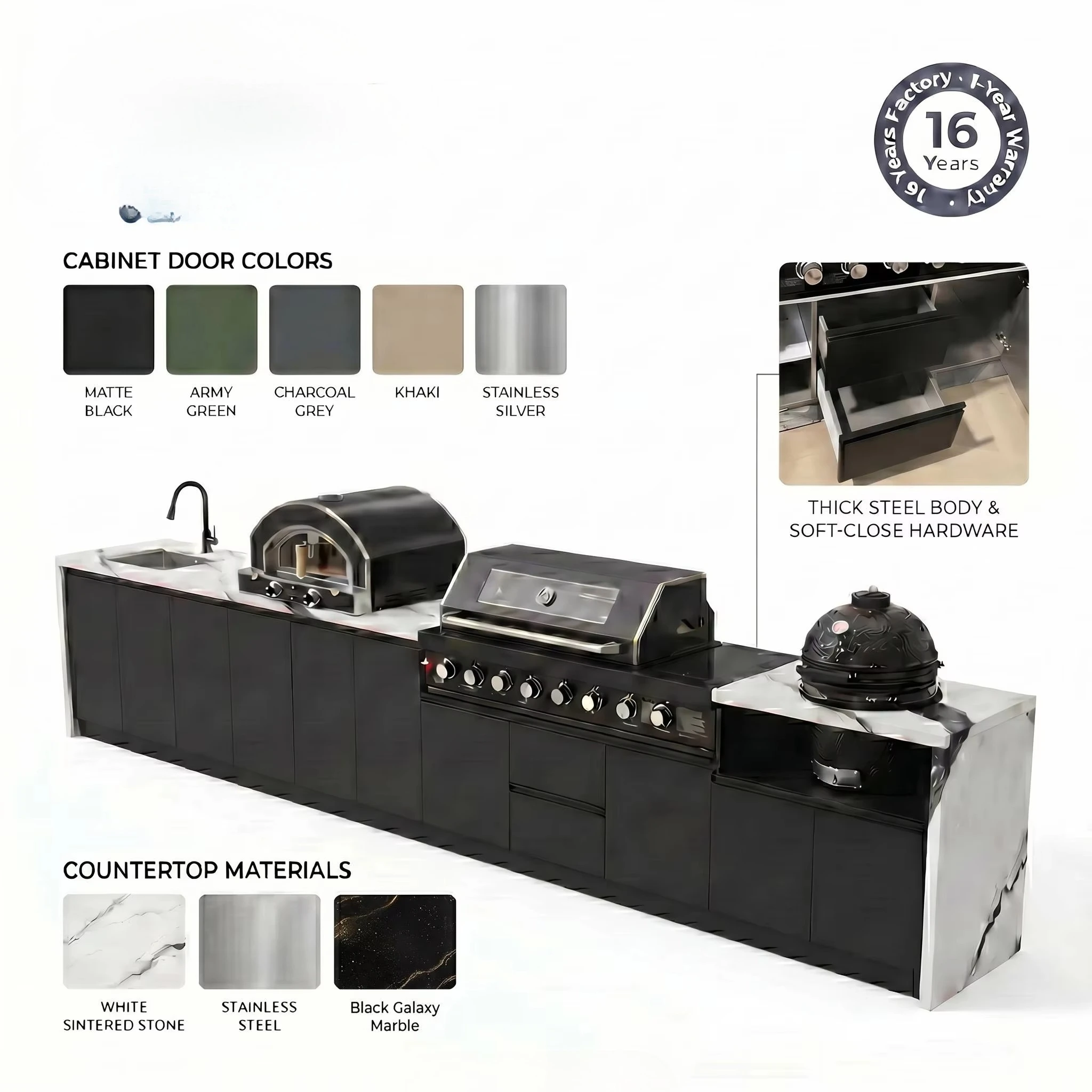 Custom Modern 304 Stainless Steel Outdoor Kitchen Cabinet Modular Weatherproof Three Drawer Sink Set for BBQ, Backyard, Patio