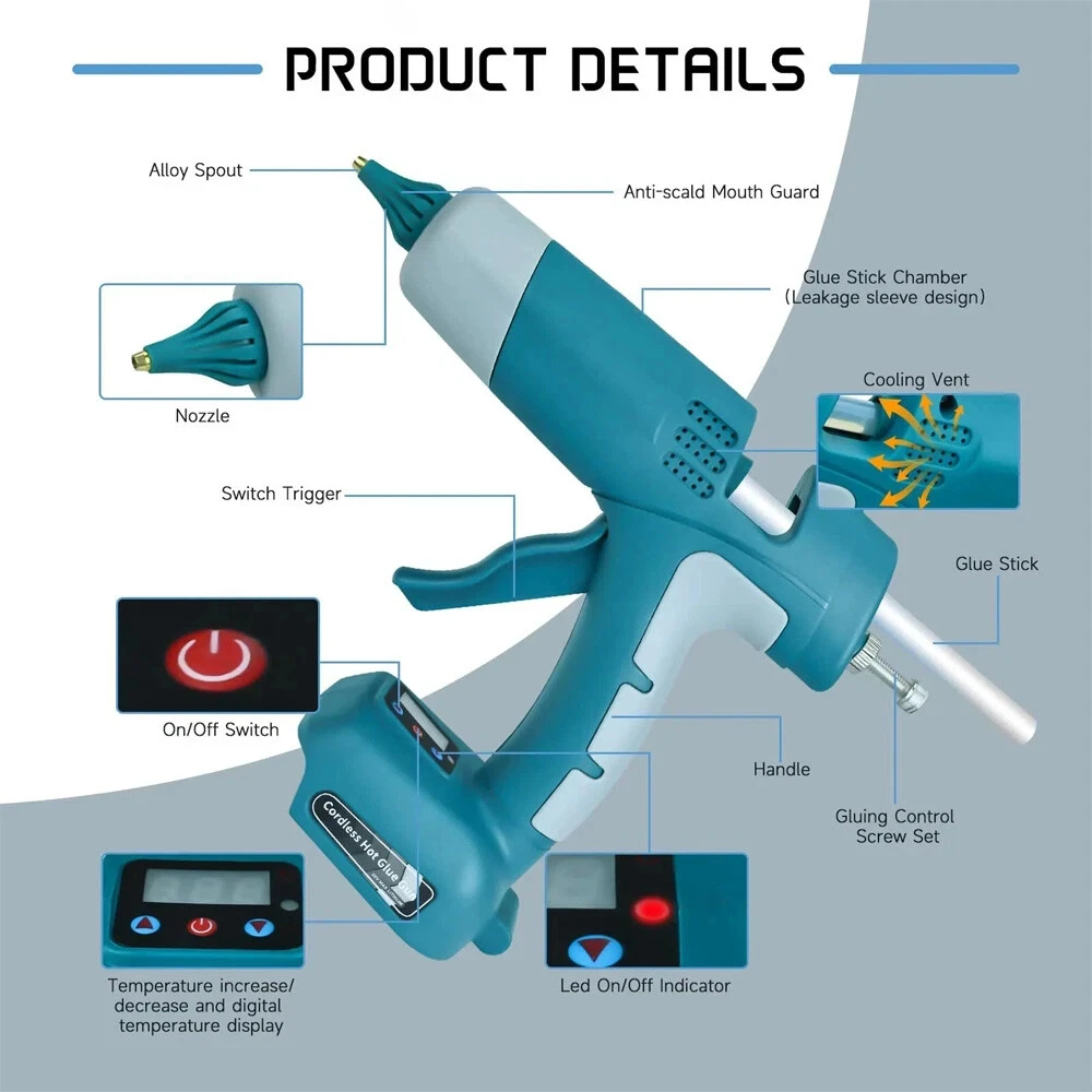Newest Cordless Hot Melt Glue Gun with 10PCS 11mm Glue Sticks for Makita/Dewalt/Milwaukee/Bosch/Ryobi 18V Li-ion Battery view 3
