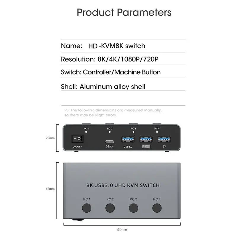 A31T KVM Switch USB 3.0 8K@60Hz 4 Computers 1 Monitor Supports Keyboard Mouse Hard Drives Printer EU Plug
