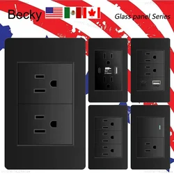 118 Rectangular PC Panel Wall Light Switch US Standard Wall Light Switch Socket 2USB Type C Wall Power Socket Black Light Switch