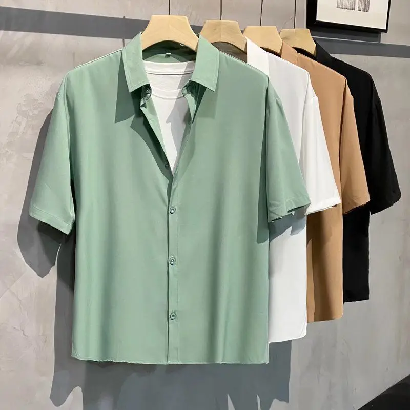 2024 Summer New Korean Ice Silk Short Sleeved Shirt Men Solid Lapel Patchwork Button Cool Breakable Simple Fashion Versatile Top