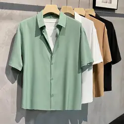 2024 Summer New Korean Ice Silk Short Sleeved Shirt Men Solid Lapel Patchwork Button Cool Breakable Simple Fashion Versatile Top