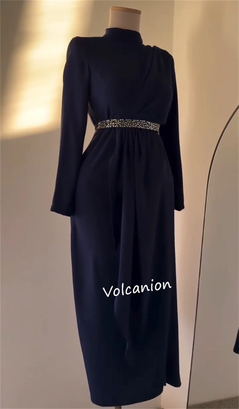 Customized Jersey Rhinestone Sash A-line High Collar Midi Dresses Bespoke Occasion Evening Classic Simple Elegant