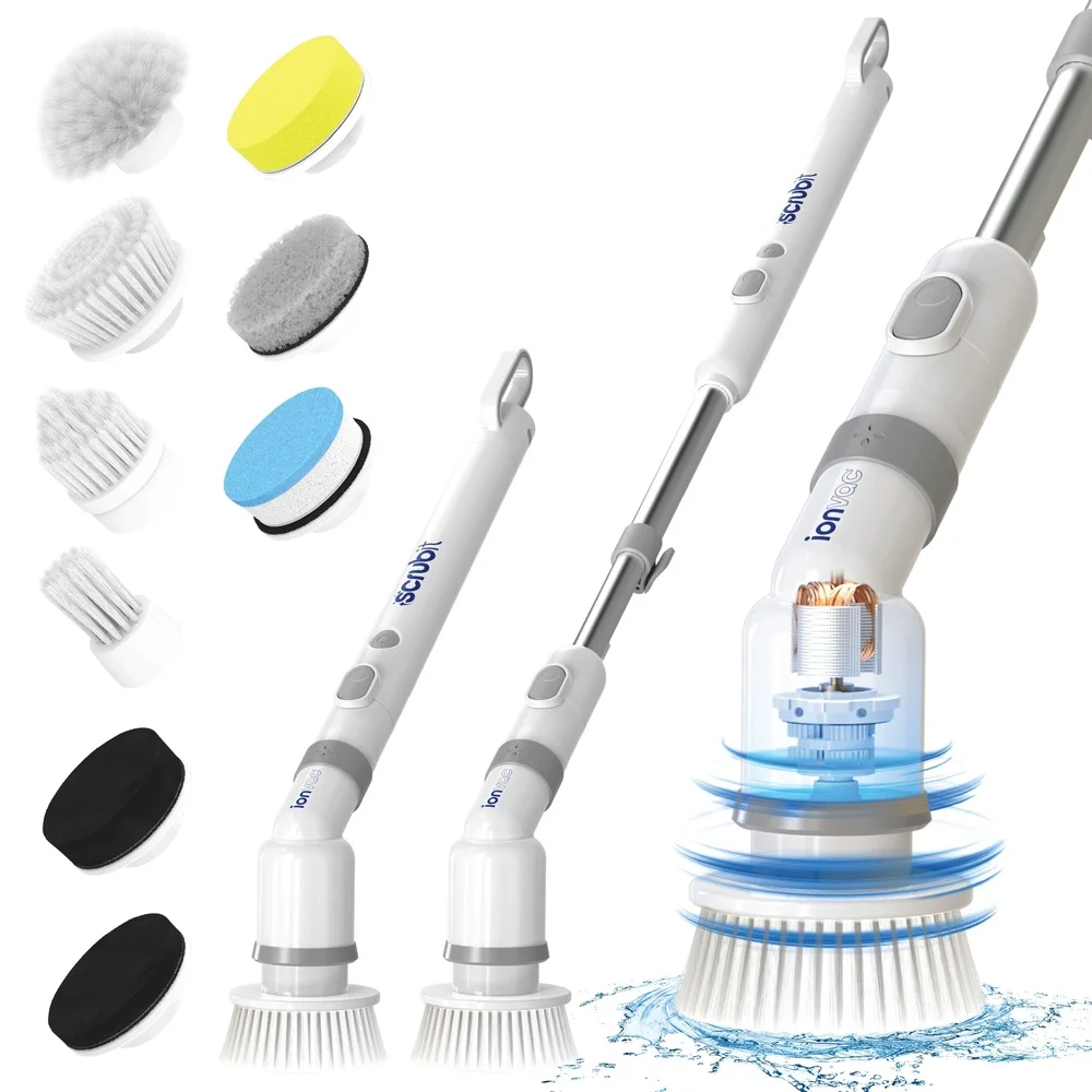 Electric Spin Scrubber Cordless Rechargeable Cleaning Brush with 9 Attachments and Expandable Handle Multi-Surface Use