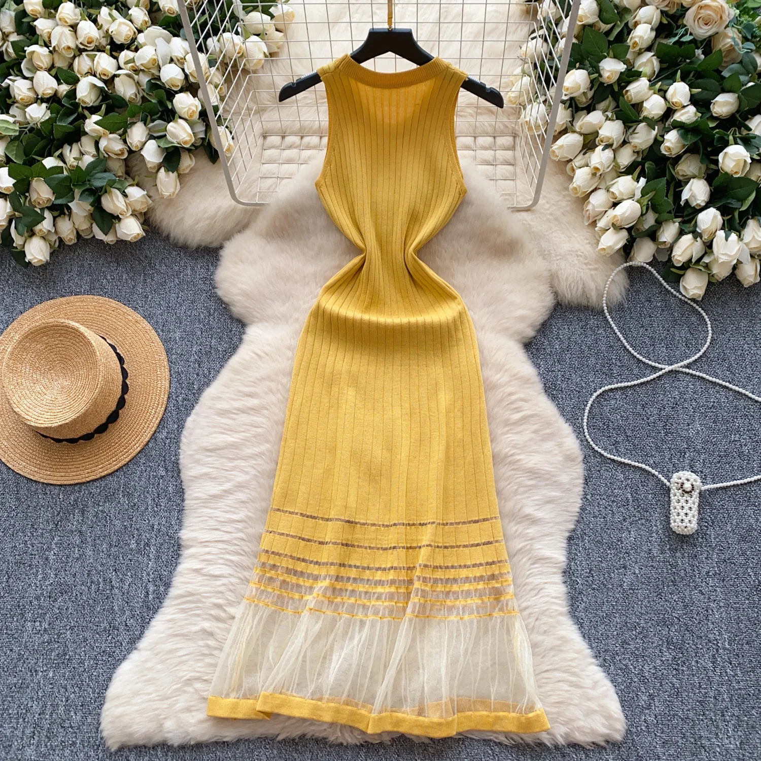 REALEFT ฤดูร้อนตาข่าย Patchwork ผู้หญิงถักชุด 2025 แขนกุด O-คอลําลองหลวมเสื้อ A-Line ชุดยาวหญิง