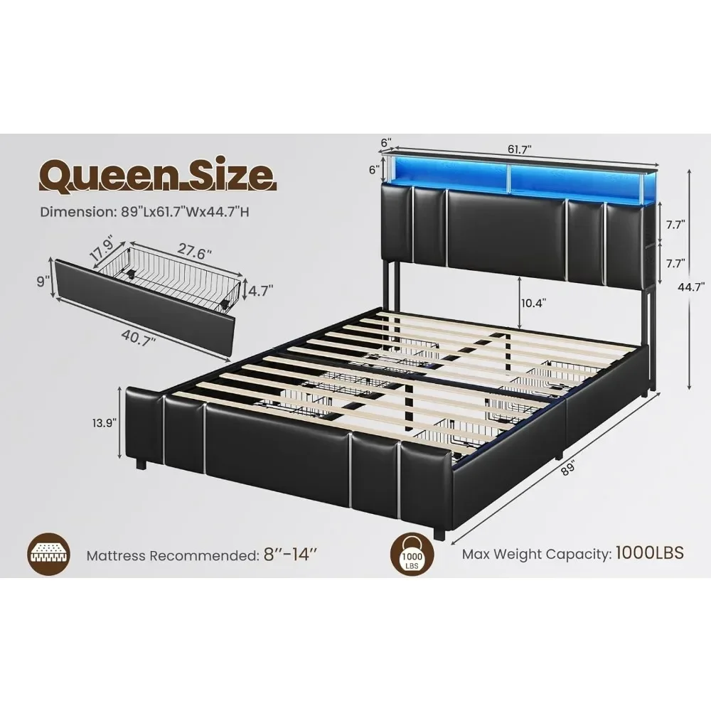 Bed Frame with Bookcase Headboard and 4 Storage Drawers, Bed Frame with Charging Station and LED Lights