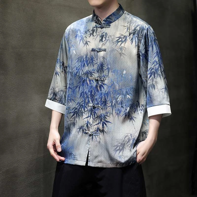 2025 chinese style men's ice silk thin seven point sleeve tang suit leaf pattern short sleeve shirt wushu martial arts shirt