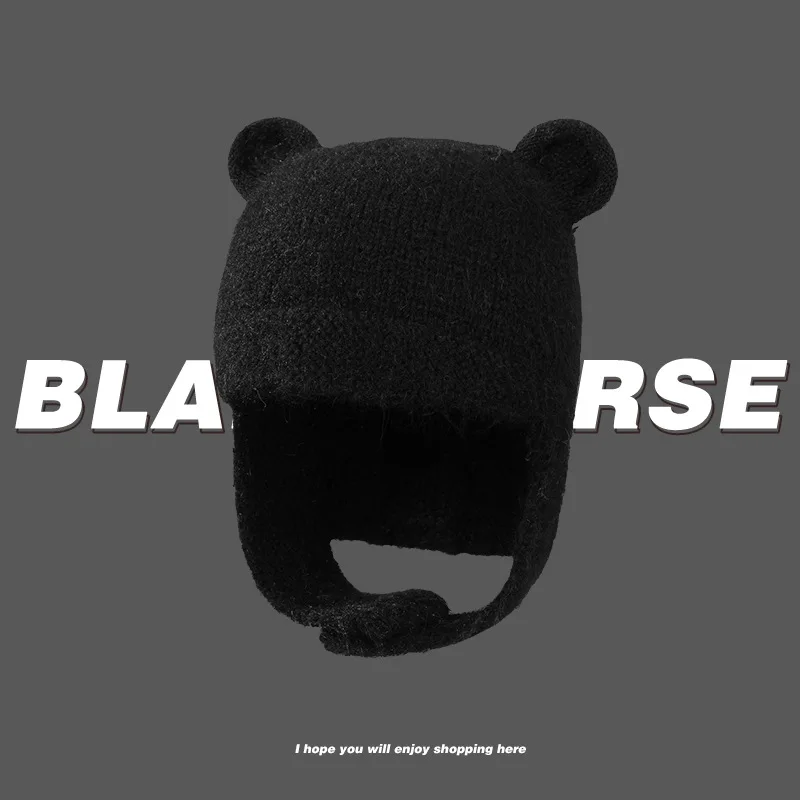 New Autumn and Winter Knitted Hat Cute Bear Versatile Pullover Ear Hat Outdoor Leisure Windproof and Warm Bomber Hats for Women