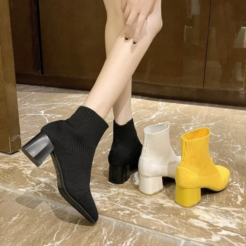 Stretch Sock Boots for Woman Square Heel Yellow Knitting Footwear Elastic Cottton Boots Lady Footwear Fashion Women\'s Shoes 2022