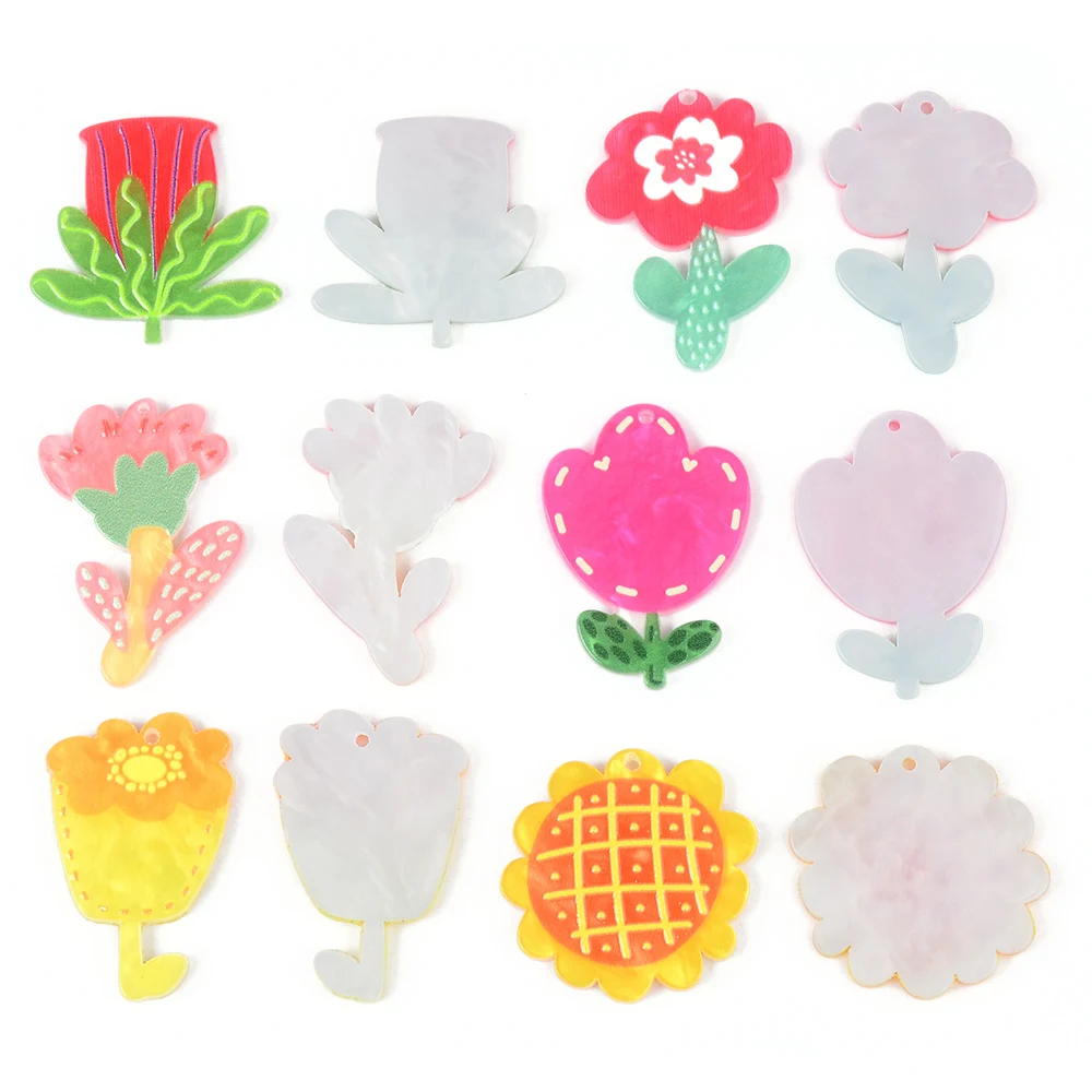 6Pc Colorful Flower Shape Acrylic Preserved Fresh Hibiscus Flower Charms Natural Daisy Petal Specimen Pendant for Jewelry Making