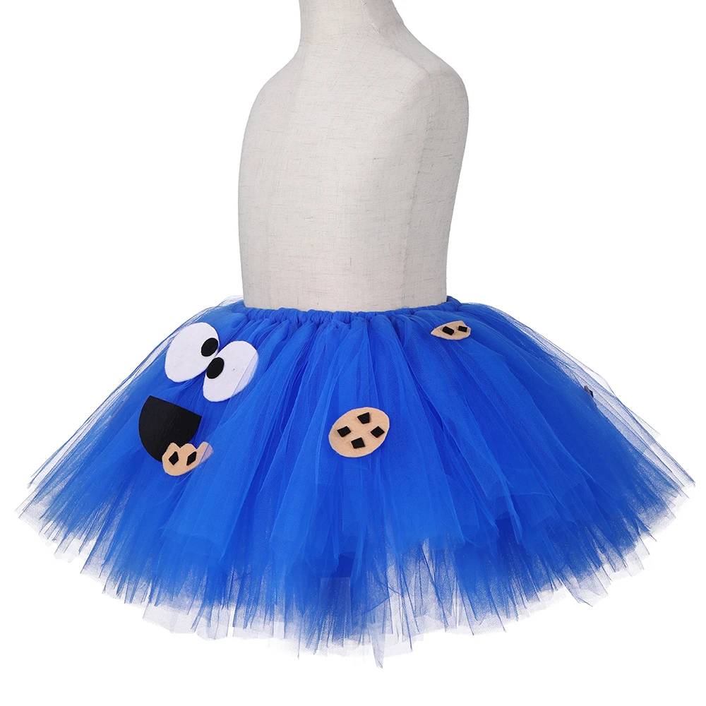 Ensemble de jupe tutu en tulle bleu moelleux pour filles, jupe de monstre de cookie, costume d'Halloween pour enfants, fête d'anniversaire pour enfants