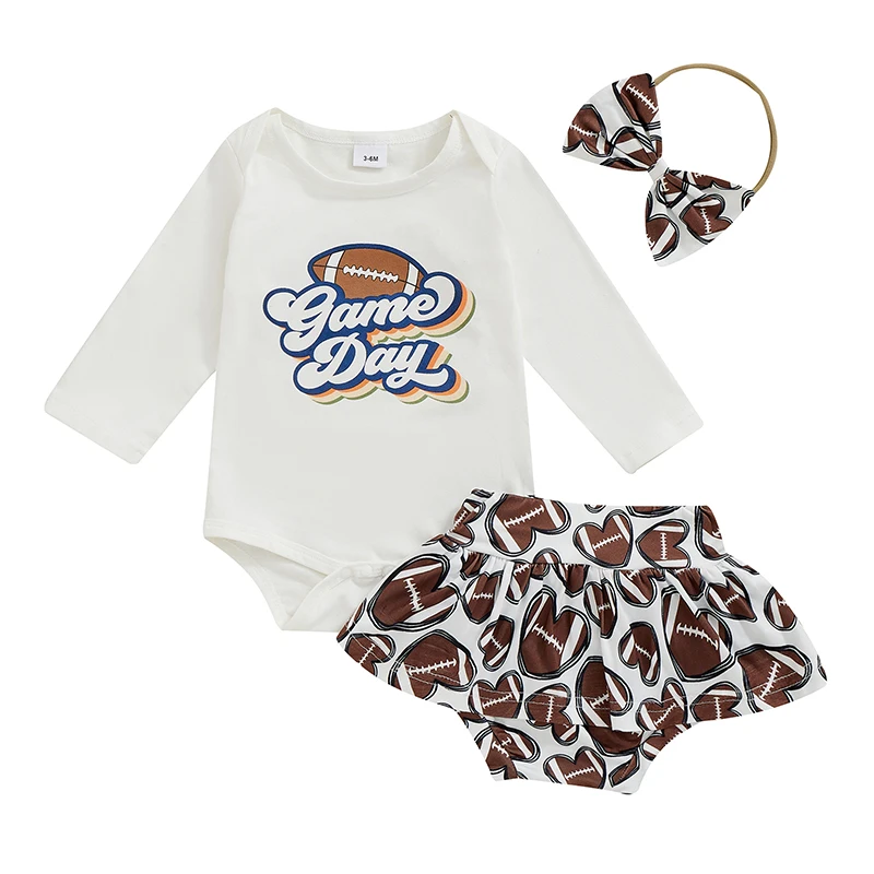 Baby Girl Fall Sets Letter Football Print Long Sleeve Round Neck Romper A-Line Skirt Headband Outfits