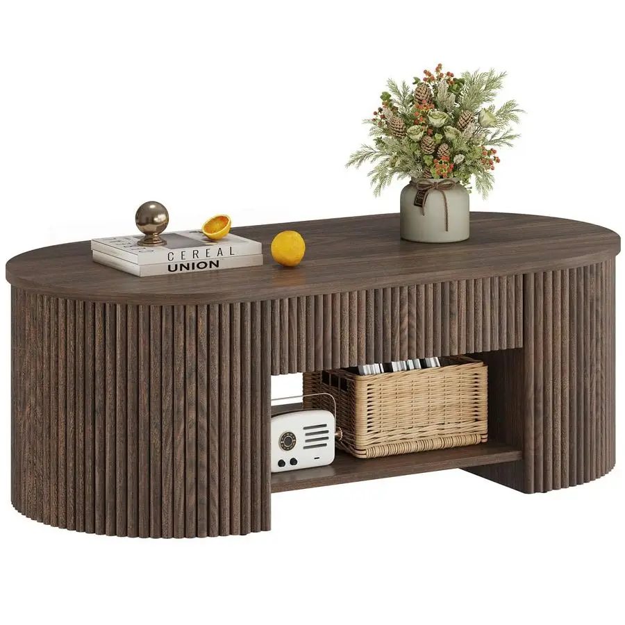 

Coffee Table with Storage, Mid Century Modern Wood Fluted Center Table with Shelf, Oval Coffee Tables with Drawer Dark Walnut, 4