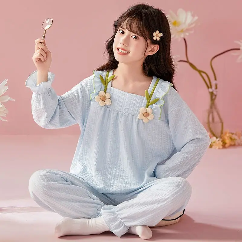 القطن الكتان تنفس الفتيات منامة قطعتين دعوى طويلة الأكمام بنطلون منامة الربيع الخريف الأطفال مستديرة الرقبة ثوب النوم