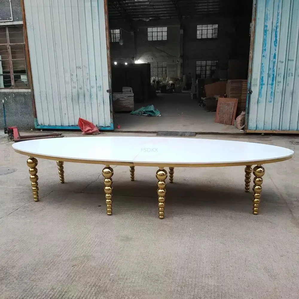 FSDKX Hotel Furniture Luxury Gold Glass Oval Wedding Tables for Groom and Bride