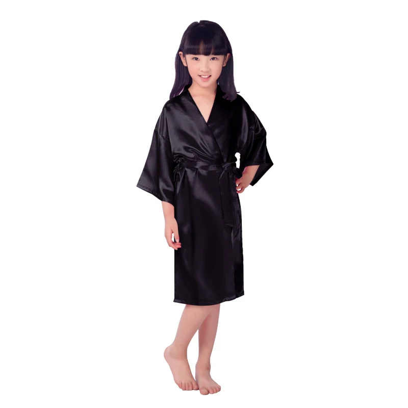 Retail Children Satin Robes Black Pure Kimono Wedding Birthday Party Spa Dressing Gown Kimono Bathrobes Bridal Sleepwear D67