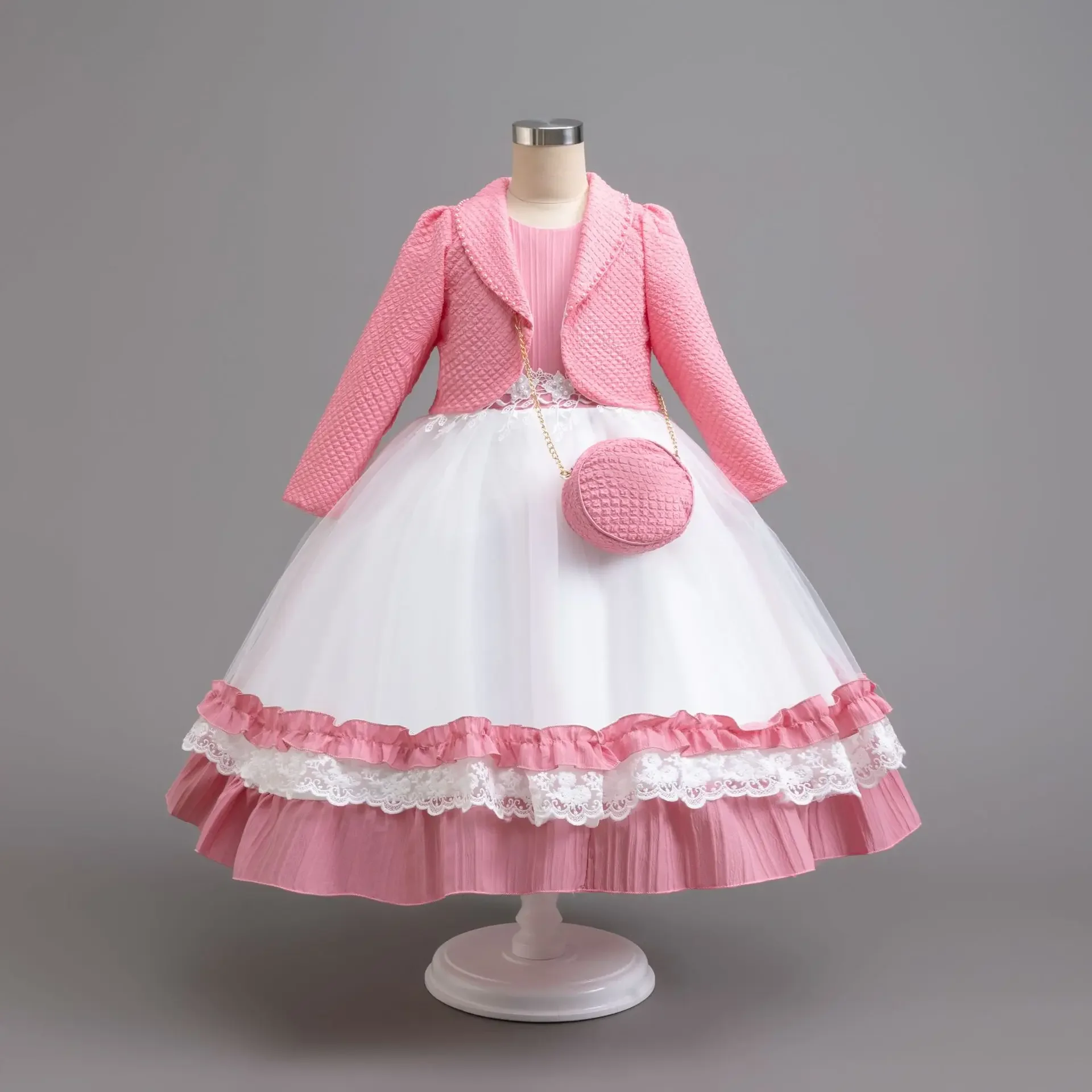 3 Pcs Summer Baby Girl Dress Fashion Plaid Long Sleeve Coat kid's Princess Party Gown with Bag 8 10 12 14 Years
