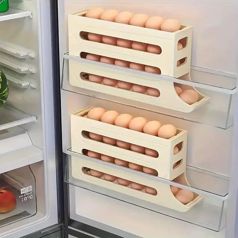 1pc Rolling Egg Dispenser Refrigerator Organizers Containers 4 Layer Storage Box Automatic Sliding Spiral Holder Kitchen Gadgets