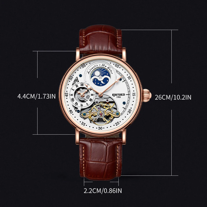 Kinyued-Relógio mecânico automático de luxo masculino, clássico couro relógios de pulso, relógio impermeável, Two Time Zone, Moon Phase