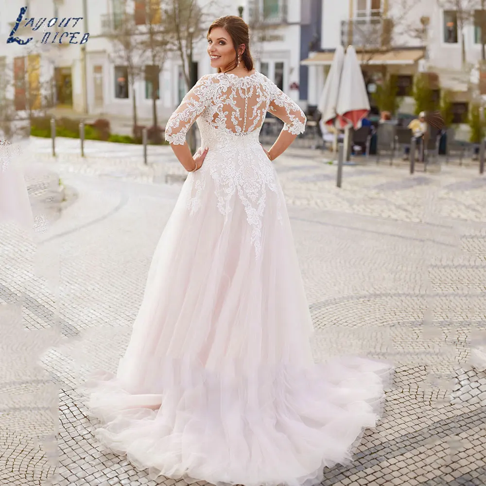 LAYOUT NICEB Classic Plus Size Women Wedding Dress 2024 Romantic O-Neck Three Quarter Sleeves Bride Gowns A-Line Robe De Mariée