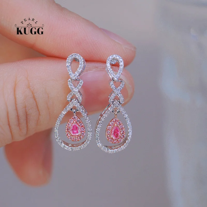 KUGG 100% 18K White Gold Earrings Elegant Romantic Style Real Natural Pink Diamond Drop Earrings for Women High Wedding Jewelry