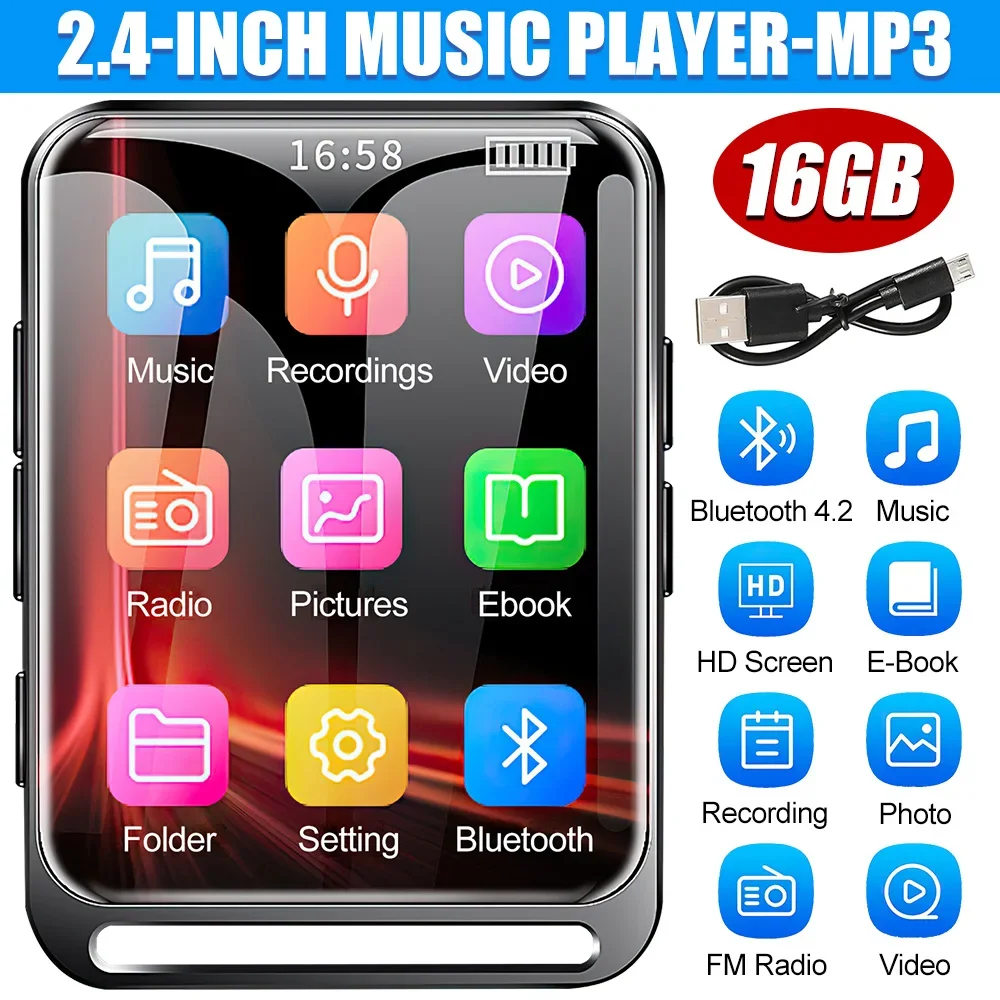 2.4 Inch 16G MP3 MP4 Music Player Full Touch Bluetooth Video Music Player FM Radio Recorder Alarm Clock E-Book Built-in Speaker