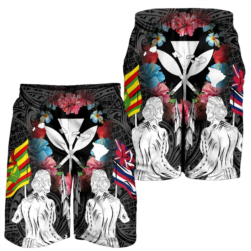 Hawaii Map Kanaka Two Men Holding Flag Men Shorts Polynesian Beach Shorts Swim Short Trunks Gym Ice Shorts Boy Board Short Pant