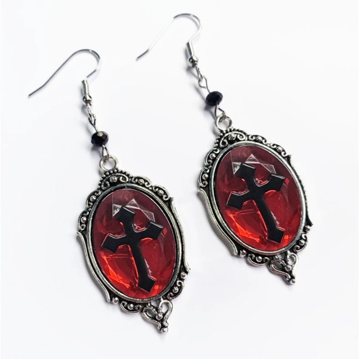 Gothic Vampire Cross Cameo Earrings For Women Girl Pagan Witch Jewelry Accessories Vintage Blood Black Cross Pendant Ear Hooks