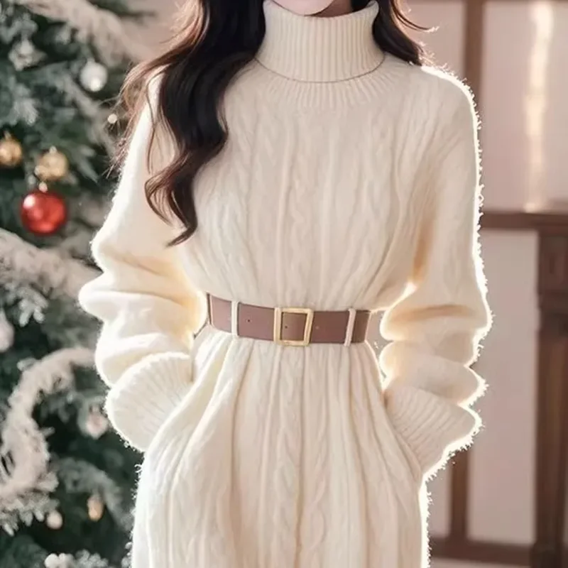 

High Collar Strand Knitted Dresses Women's 2025 Autumn Winter New Chic Slim Fashion Medium-Long High-End Sweater Base Dress