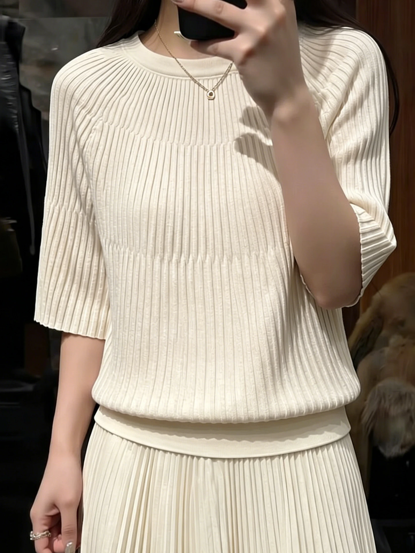 

Casual Loose Knitted Pure Color Women's T-Shirt Comfortable Breathable Summer Fashion Commute Style Five-Quarter Sleeve Top