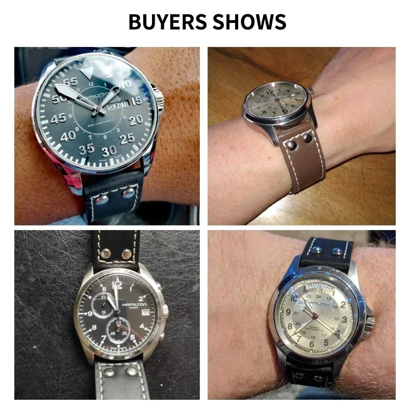 สายนาฬิกาหนังวัวแท้ระบายอากาศได้ดีเป็นมิตรต่อผิวอุปกรณ์เสริมสำหรับ H760250ฮามิลตันสีกากีการบินขนาด20 22มม.