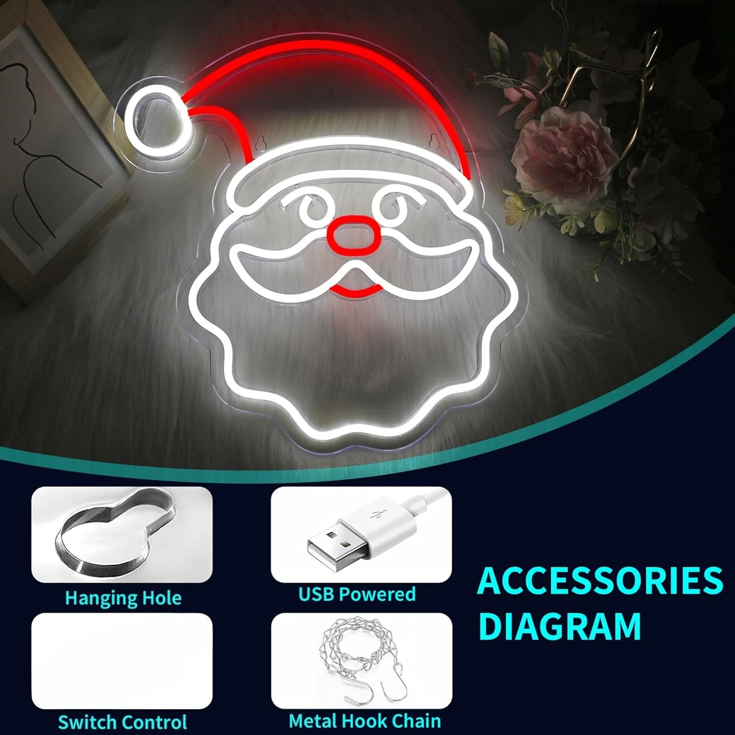 Christmas Santa Claus Neon Sign USB Dimmable LED Neon Lgiht for Party Bar Office Room Window Home Decoration Gift Xmas Lgiht