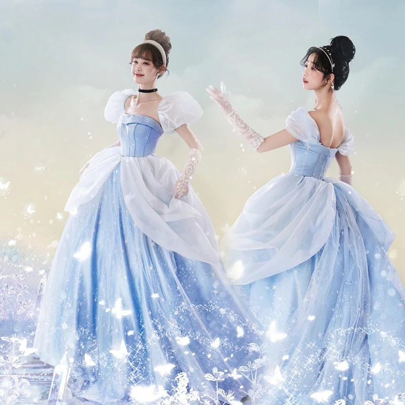 

Halloween Blue Cinderella Princess Dress for Women Elegant Fairy Tale Cosplay Costume Party Prom Evening Gown