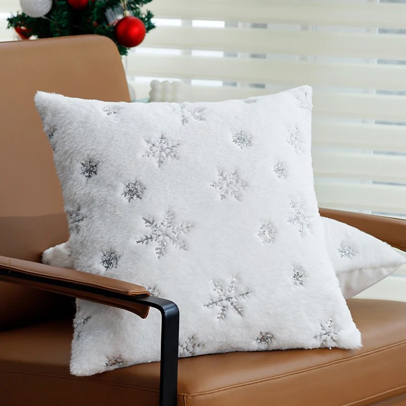 

Cushion Cover 1pc Christmas Silver Snowflake Faux Fur Cozy Suitable For Sofa Decoration Christmas Decorative Pillow Cover