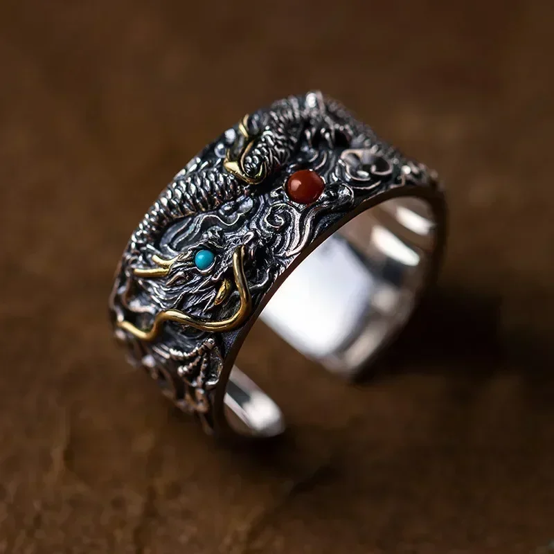 Retro Ethnic Style Zodiac Dragon Ring Silver-Plated Open Adjustable Ring Men's Domineering Trendy Jewelry