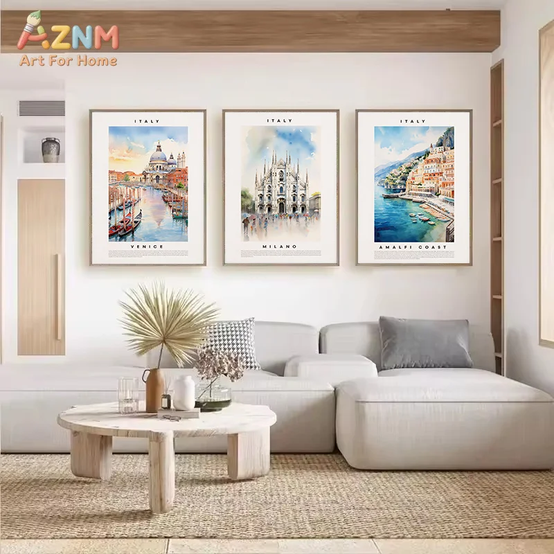 AZNM Italy City Watercolor Canvas Wall Art Rome Venice Florence Amalfi Coast Landscape Travel Poster Home Unframed Decor Print