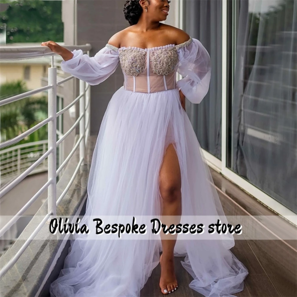 Aso Ebi Wedding Dress Beads African Bridal Reception Gowns Off The Shoulder Long Sleeve Side Split Shower Dress Customized