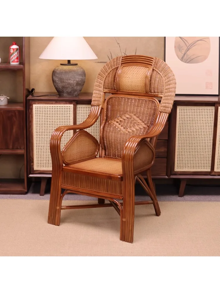 1 einzelner Rattan-Stuhl mit hoher Rückenlehne, gewebt, echtes Rattan, Freizeit-Yang, handgefertigter Taillen-Rattanstuhl