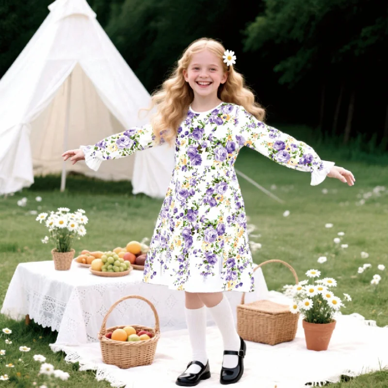

2025 Girls Long Sleeve Purple Floral Print Dress - Vintage Bohemian Picnic Dress