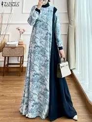 2024 ZANZEA Muslim Maxi Dress Women Spring Long Sleeve Patchwork Sundress Robe Femme Floral Printed Vestidos Eid Mubarek Abaya