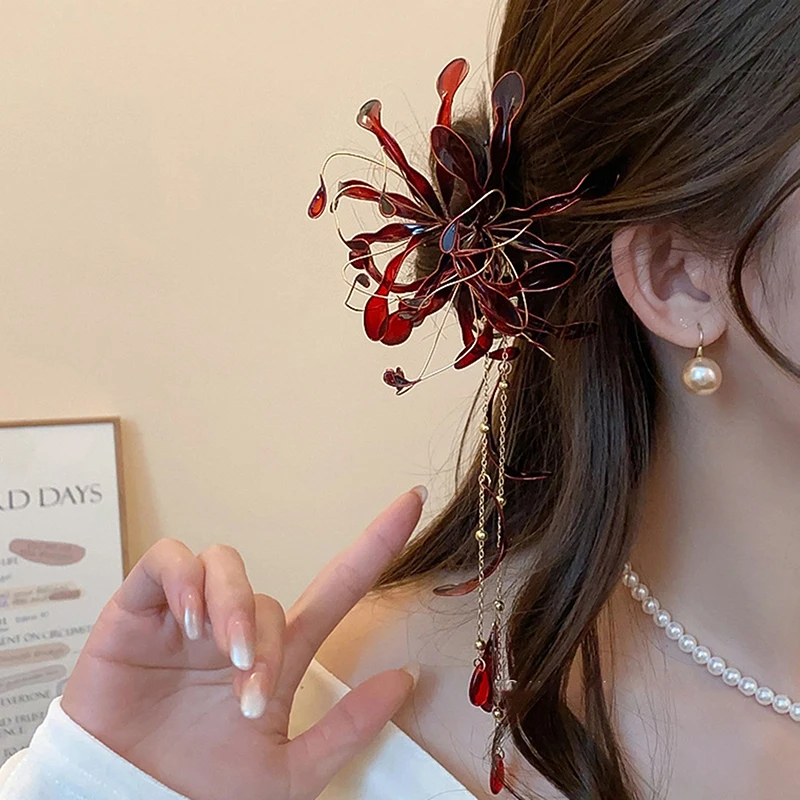 New Chinese Style Spider Lily Flower Hair Sticks For Women Dripping Oil Tassel Hairpin Vintage Hanfu Chopsticks Hair Accessories view 2