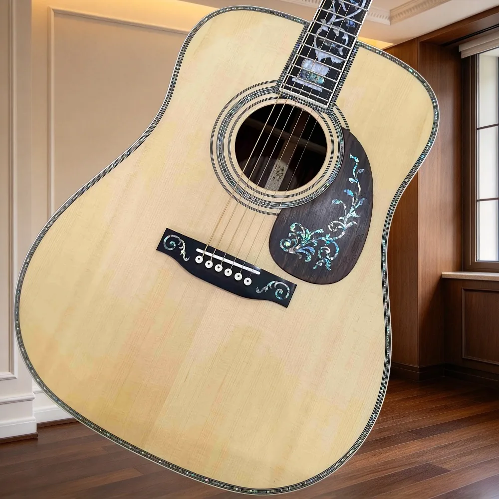 Solid Light Yellow 41-inch 6-String Spruce D45 Acoustic Guitar with Colorful Mother-of-Pearl Carved Inlays Exquisite Binding Rich Tone Ideal for Professional Performance Collecting and Gifting