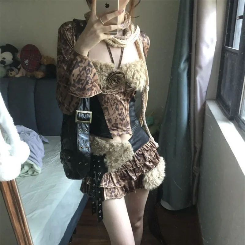 

Long Sleeve Cardigan Coat Women + Sexy Slim Fit Strapless Vest + Low-waisted Skirts 2025 New Leopard Three Piece Sets Chic