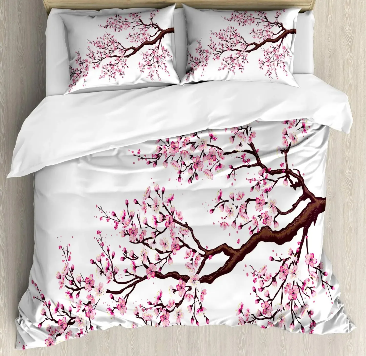 

Japanese Duvet Cover Set,Branch of A Flourishing Sakura Tree Flower Cherry Blossoms Spring Theme Art Japan Bedding Set Full Size