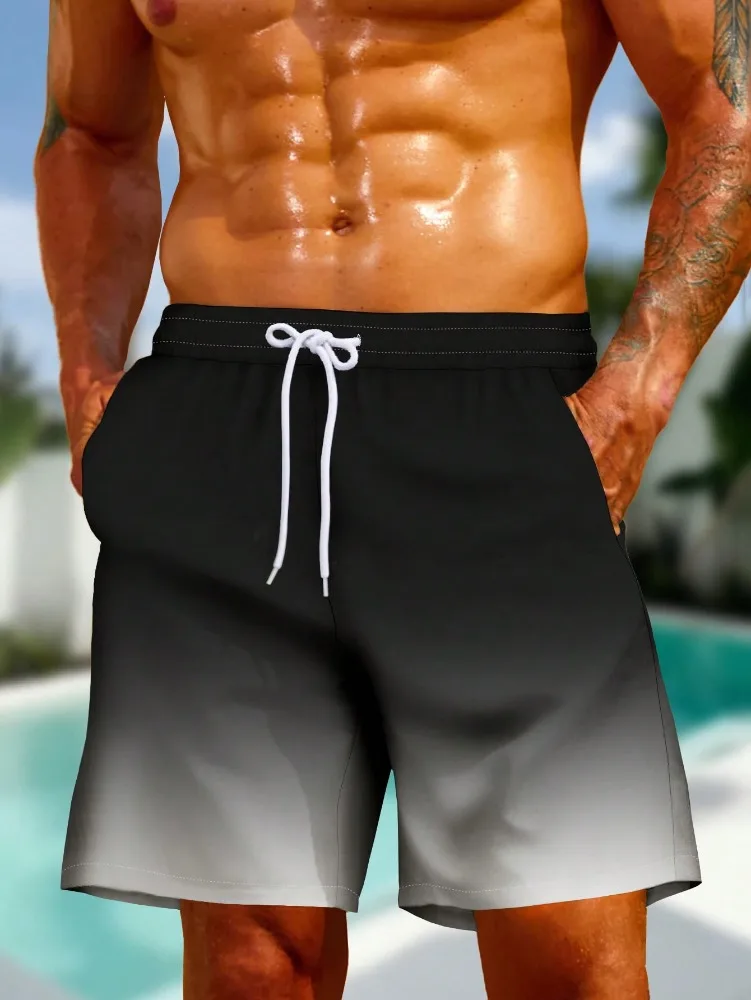 Men's Beach Shorts Gradient Color Block Drawstring Summer Men's swim Trunks Elastic Waist 3D Print  Breathable Short Streetwear