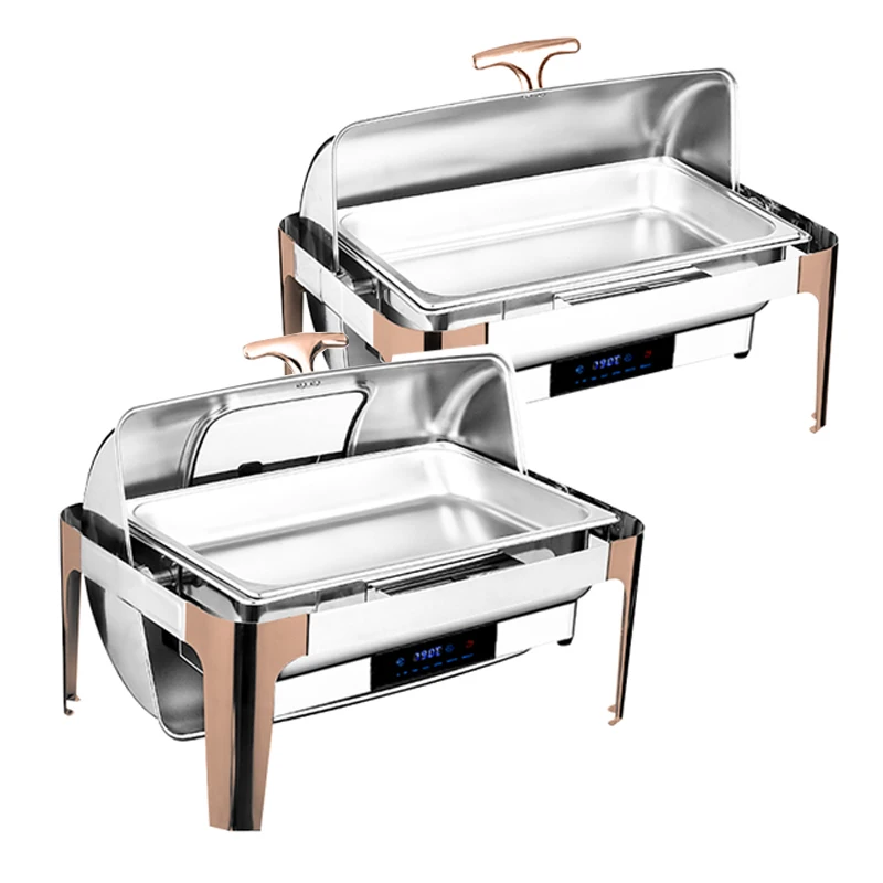 

9L Stainless Steel Electric Chafing Dishes Half-Rose Gold Wedding Buffet Food Warmer Rectangle Glass Fuel Catering Equipment For