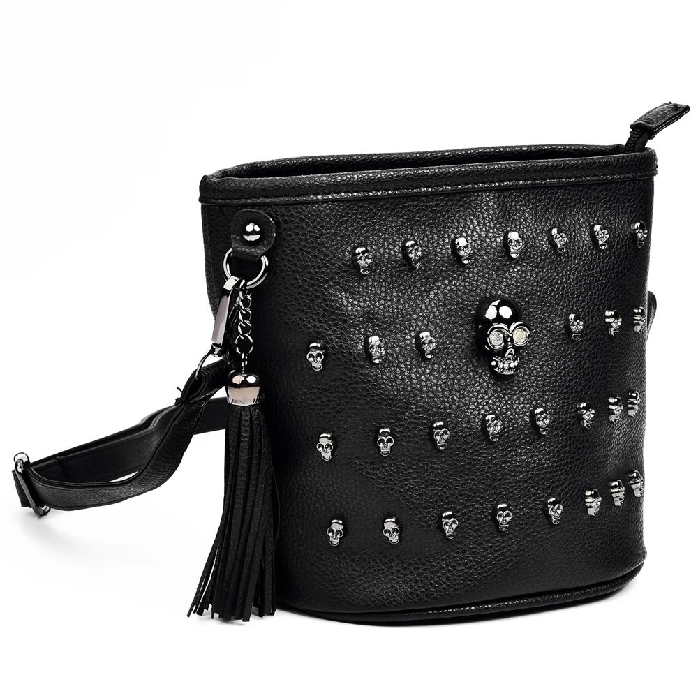 Annmouler Designer Women Shoulder Bag Pu Leather Crossbody Bag Small Size Tassel Bag Skull Rivet Handbag for Girls Cute Bag