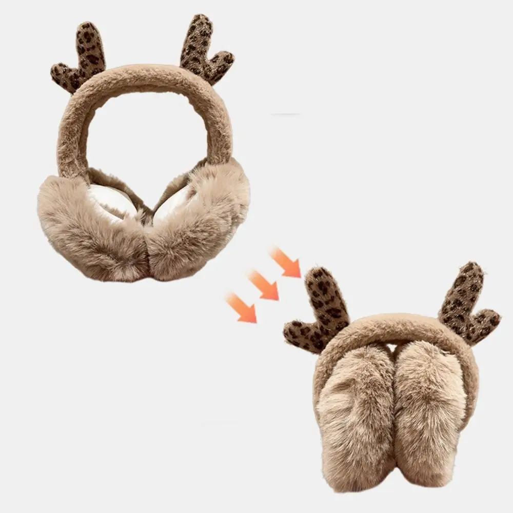 Cute Ear Cap Plush Earmuffs Deer Antler Leopard Print Winter Earmuffs Earflap Thicken Imitation Fur Ear Cover Outdoor