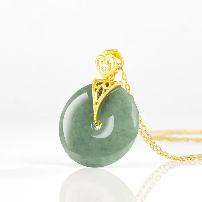 

Myanmar Jadeite Donut Pendant Necklace Vintage Carved Amulet 18K Gold Plated Burmese Jade Fashion Accessories Gifts for Women