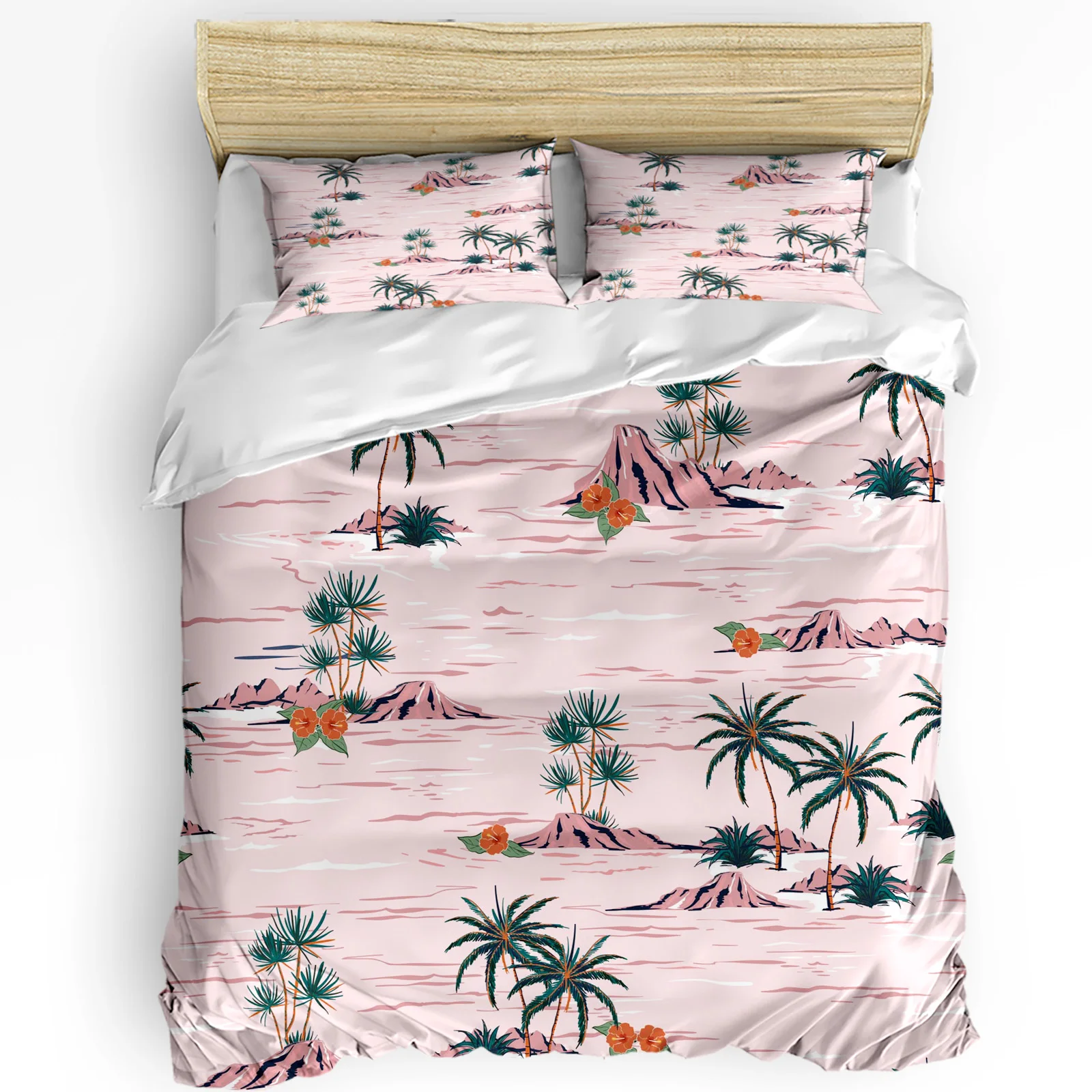 Plant Pink Palm Tree Beach Summer Flowers Bedding Set 3pcs Duvet Cover Pillowcase Quilt Cover Double Bed Set Home Textile